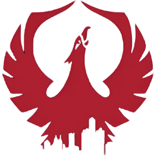 Red phoenix logo with wings spread, a cityscape silhouette at its base, on a white background.