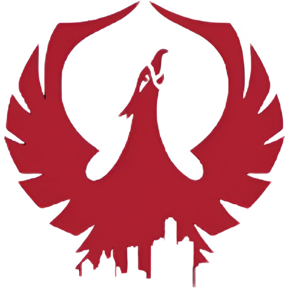 Red phoenix logo with wings spread, a cityscape silhouette at its base, on a white background.